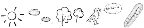 Опиши рисунки: солнце, облака, деревья, птичка, термометр.