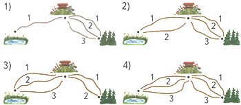 Сколько путей ведут от озера к лесу, если идти по указанным тропинкам через деревню