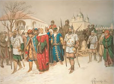 Отправка Марфы Борецкой и новгородского вечевого колокола в Москву в 1478 году. Художник А. Д. Кившенко