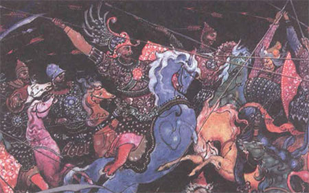 Летят стрелы калёные... Фрагмент иллюстрации художника И.И. Голикова. 1933 г.
